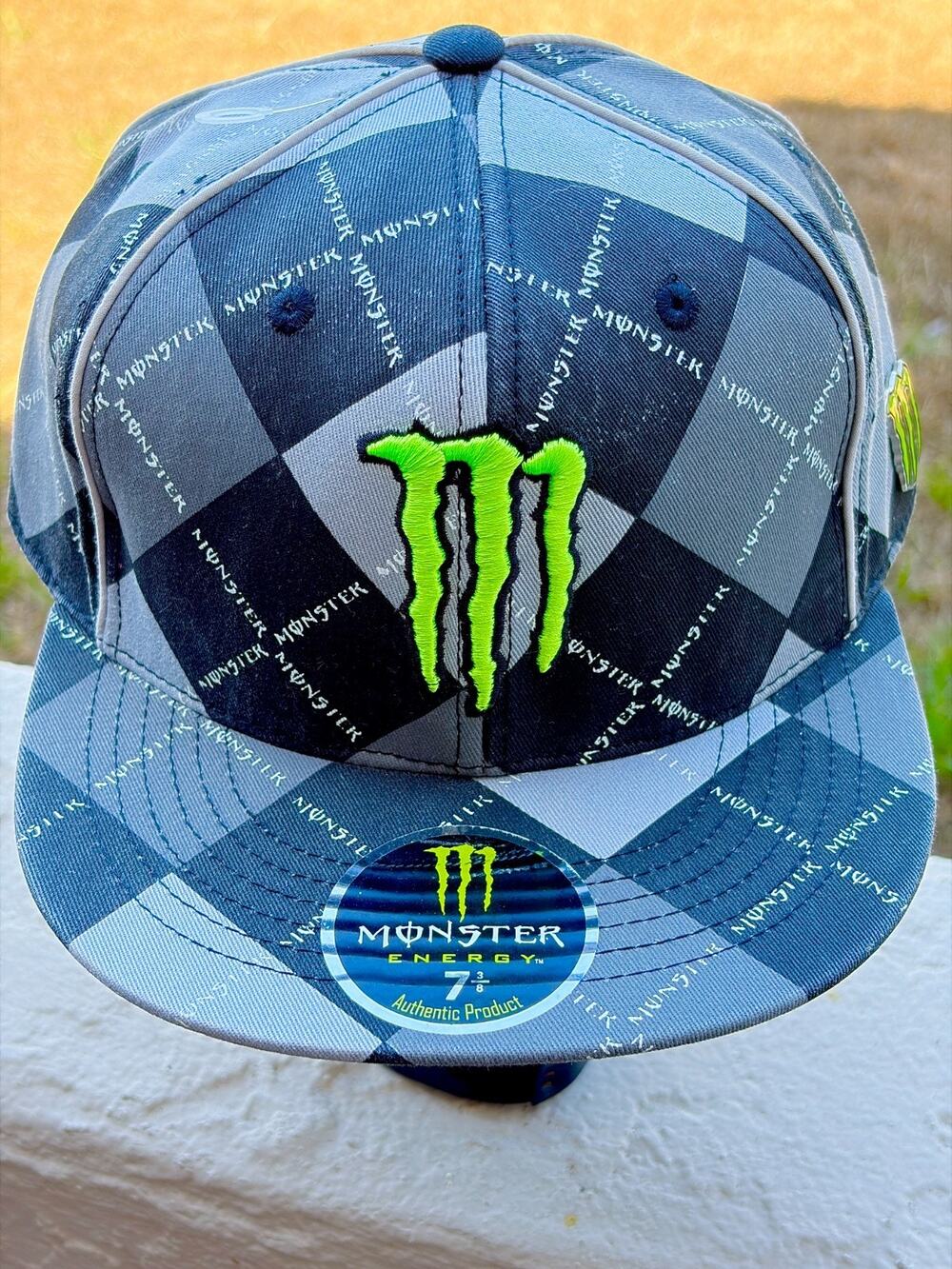 Monster Energy 7 3/8" fitted diamond two-tone cap rare metal logo placard NEW